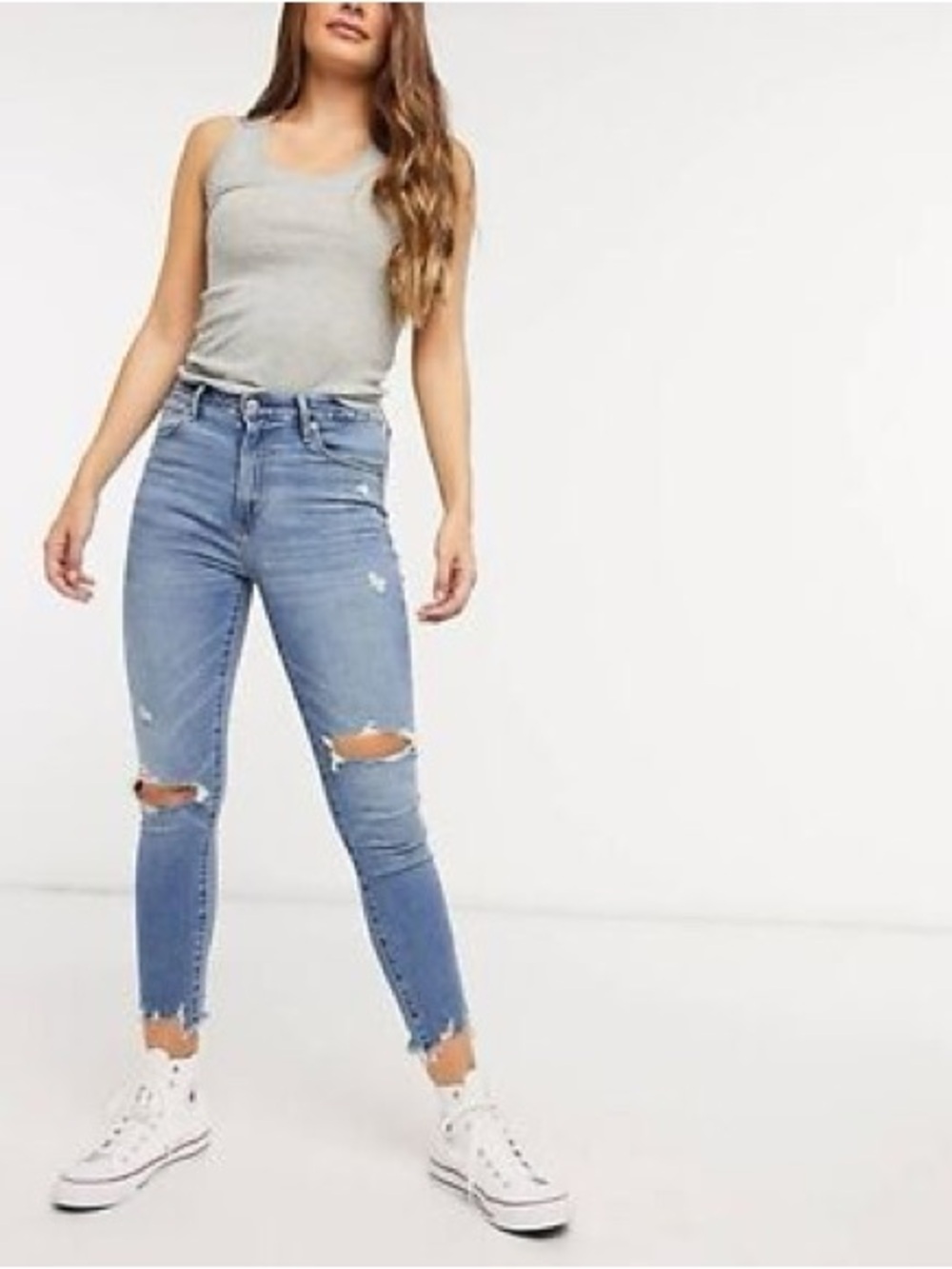 Zara Distressed Skinny Jeans Raw Hem High Rise Blue Denim Size 2 vintage